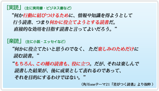 [実読」何か行動に結びつけるために、情報や知識を得ようとして
行う読書、つまり何かに役立てようとする読書だ。直接的な効用を目指す読書と言ってよいだろう。[楽読」何かに役立てたいと思うのでなく、 ただ楽しみのためだけに 読む読書。もちろん、この種の読書も、役に立つ。だが、それは楽しんで読書した結果が、後に成果として表れるのであって、それを目的にするわけではない。