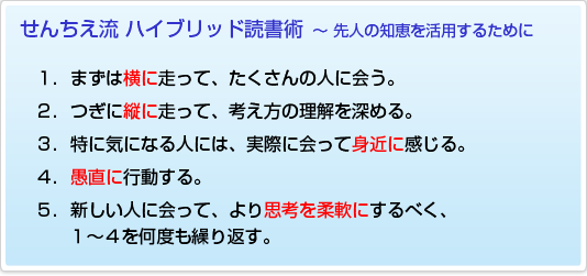 せんちえ流 ハイブリッド読書術 ~ 先人の知恵を活用するために 1.まずは横に走って、たくさんの人に会う。2.つぎに縦に走って、考え方の理解を深める。3.特に気になるには、実際に会って身近に感じる。4.愚直に行動する。5.新しい人に会って、より思考を柔軟にするべく、1~4を何度も繰り返す。