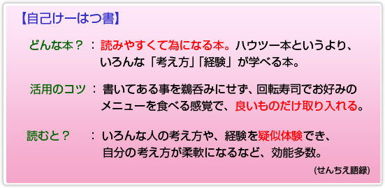 【自己けーはつ書】どんな本?:読みやすくて為になる本。活用のコツ: 書いてある事を鵜呑みにせず、回転寿司でお好みのメニューを食べる感覚で、良いものだけ取り入れる。読むと?: いろんな人の考え方や、経験を疑似体験でき、自分の考え方が柔軟になるなど、効能多数。