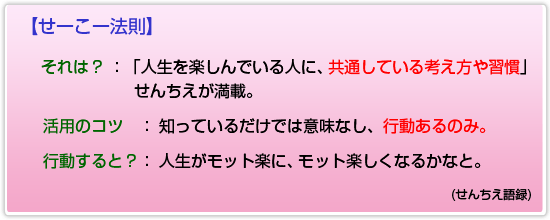 【せーこー法則】それは?「人生を楽しんでいる人に、共通している考え方や習慣」せんちえが満載。活用のコツ: 知っているだけでは意味なし、行動あるのみ。