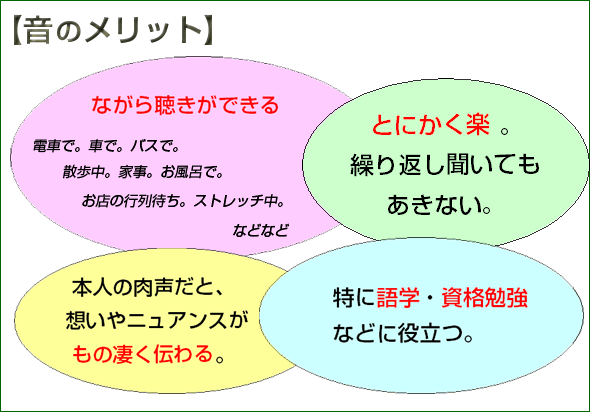 ながら聴きができる・もの凄く伝わる・とにかく楽・語学、資格勉強に役立つ